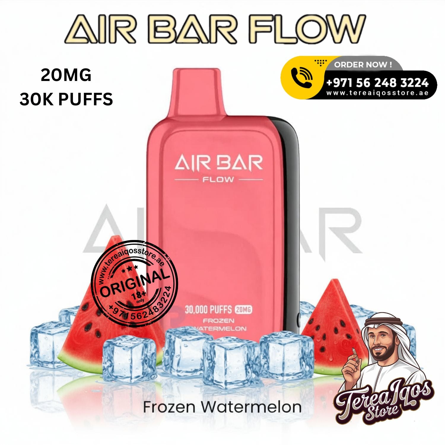 Pink Air Bar Flow vape device with Frozen watermelon flavor and branding elements on a white background. 