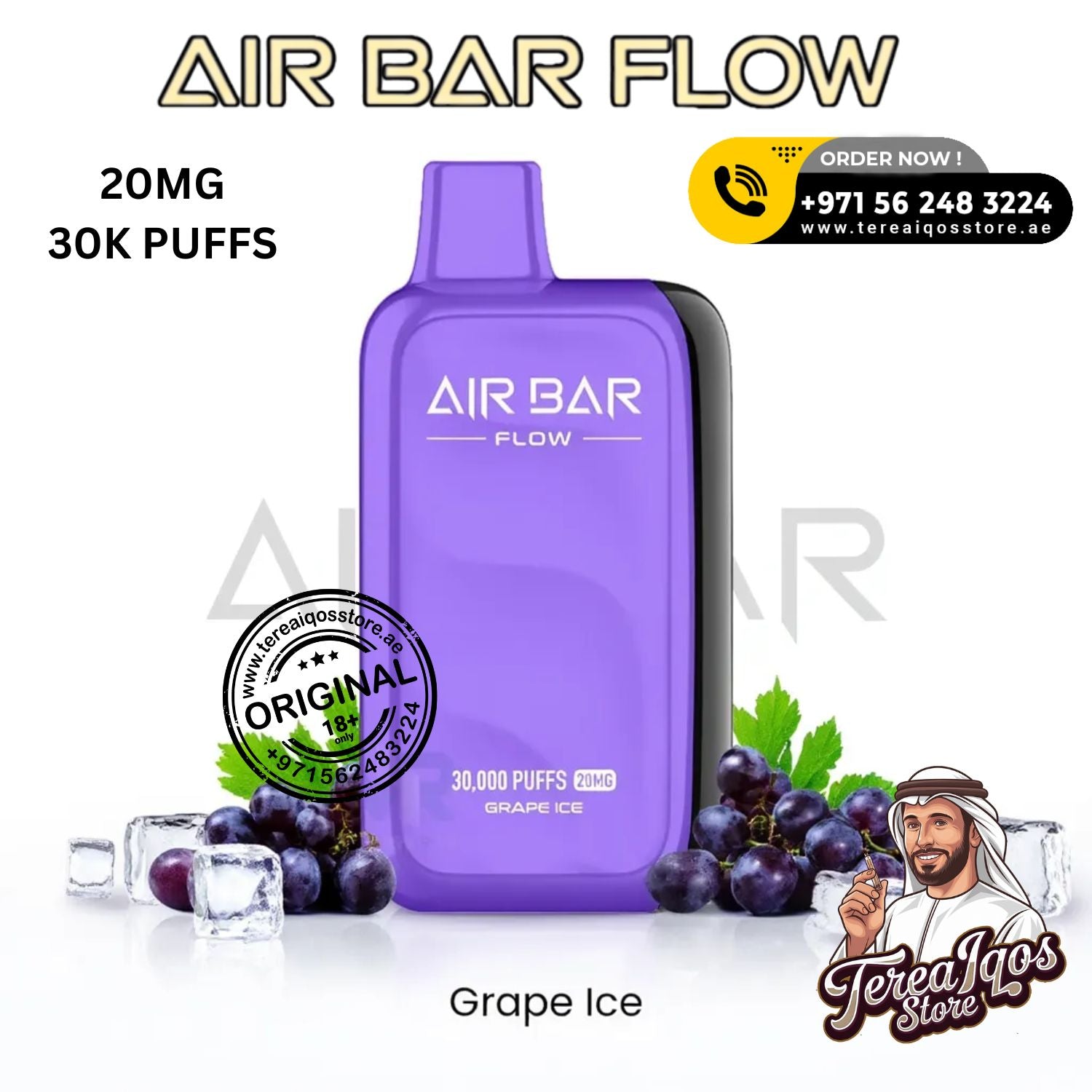 Purple Air Bar Flow vape device with grape ice flavor on a white background
