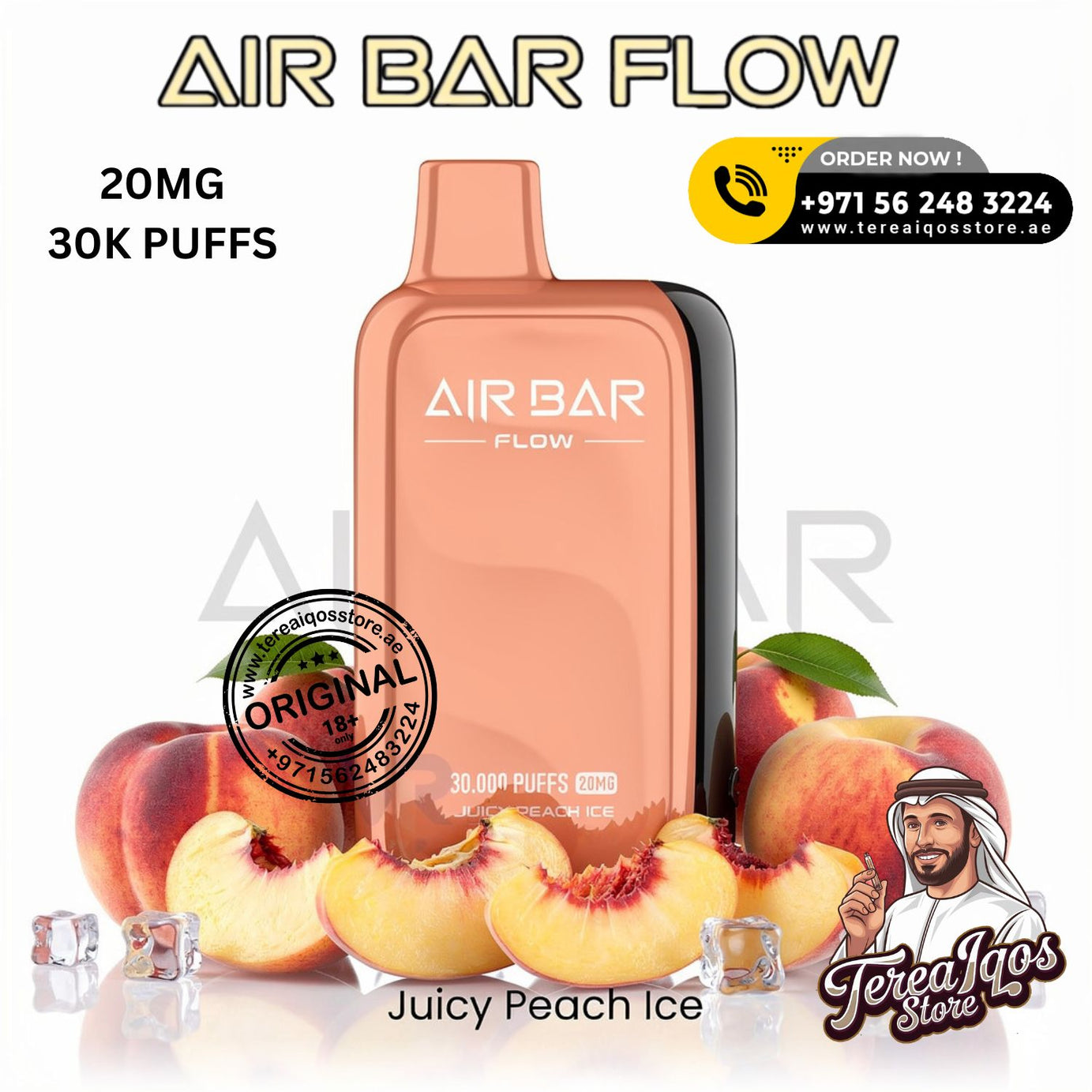Air Bar Flow vape device with peaches and ice cubes on a white background