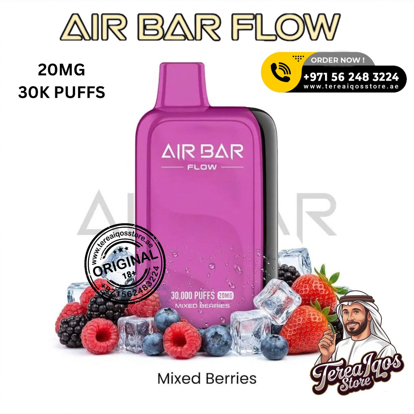 Purple Air Bar Flow vape device with mixed berries and ice cubes on a white background, featuring branding and contact information.