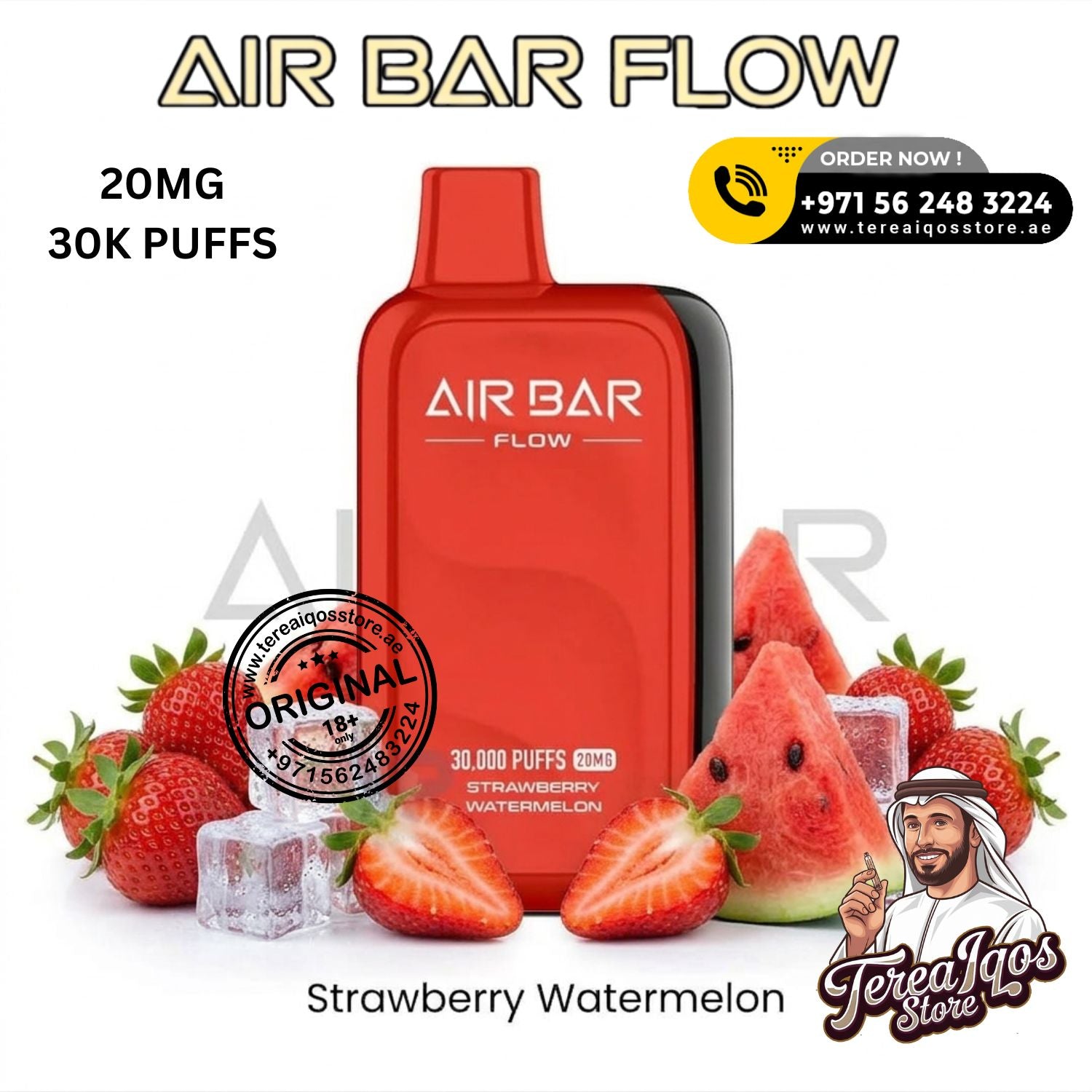 Red Air Bar Flow vape device with strawberry and watermelon graphics on a white background