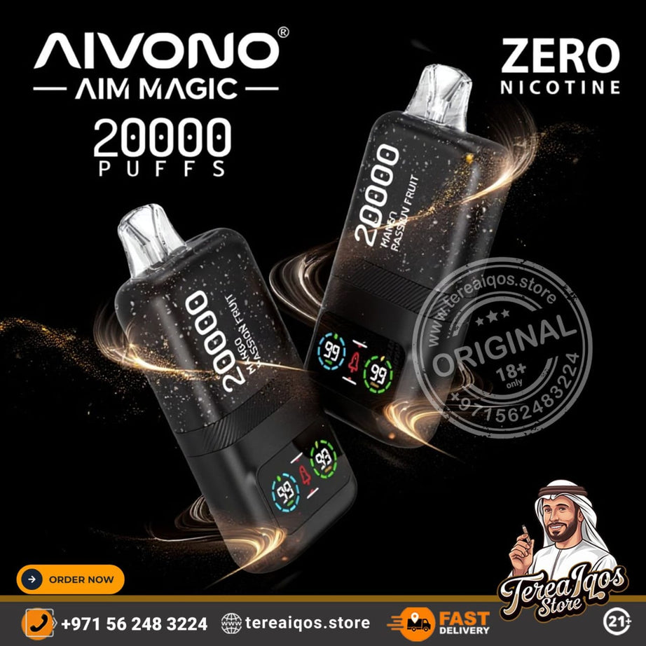 Aivono Aim Magic vape device with 'Zero Nicotine' text on a black background, featuring brand logos and contact information.