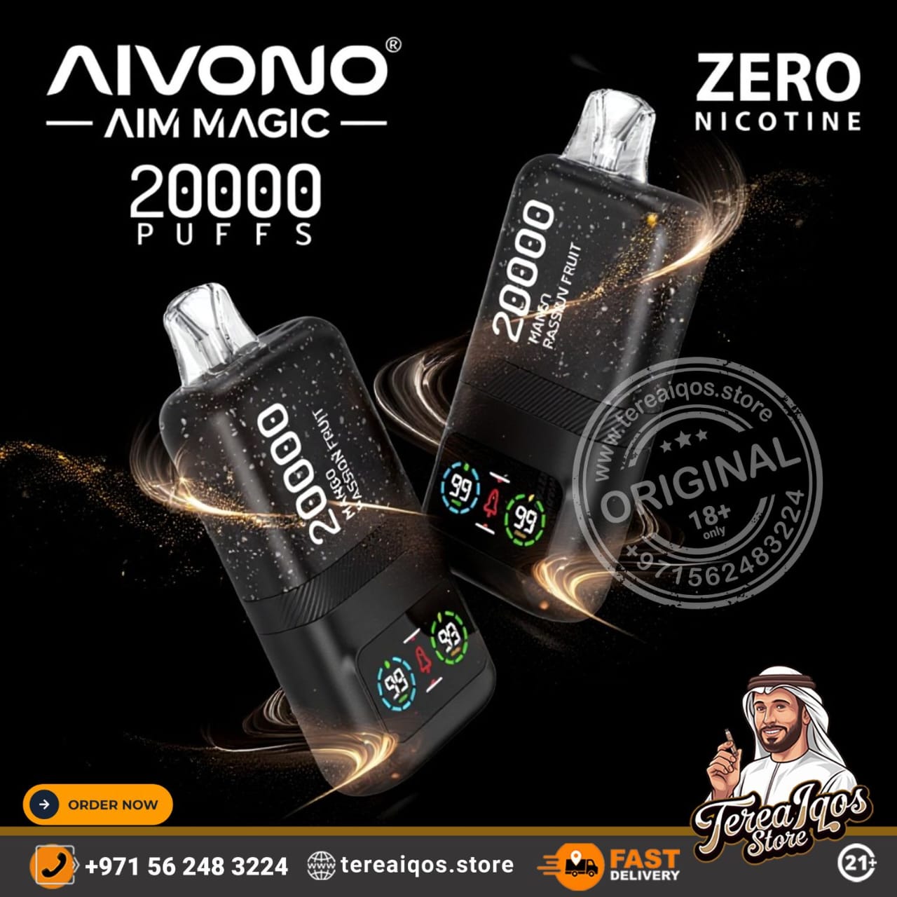 Aivono Aim Magic vape device with 'Zero Nicotine' text on a black background, featuring brand logos and contact information.