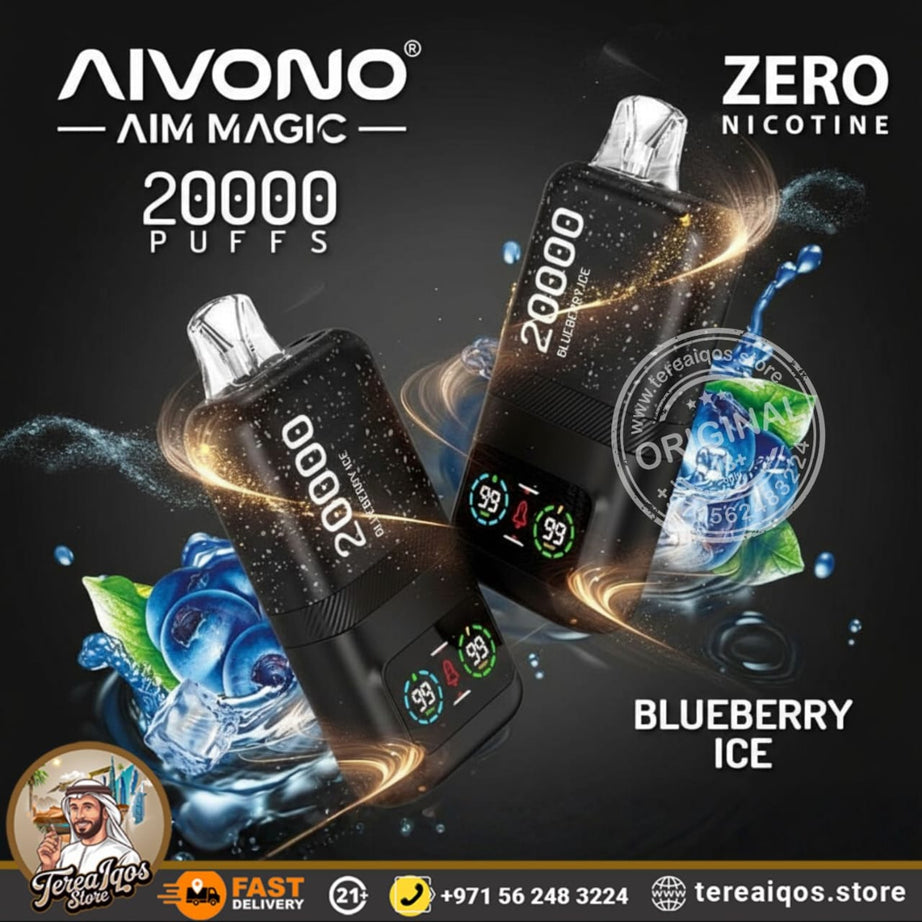 Aivono Aim Magic vape device with 'Zero Nicotine' and 'Blueberry Ice' flavor on a dark background.