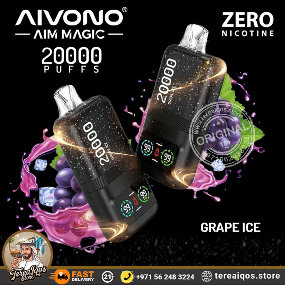 Two Aivono Aim Magic vape devices with grape ice flavor on a black background.
