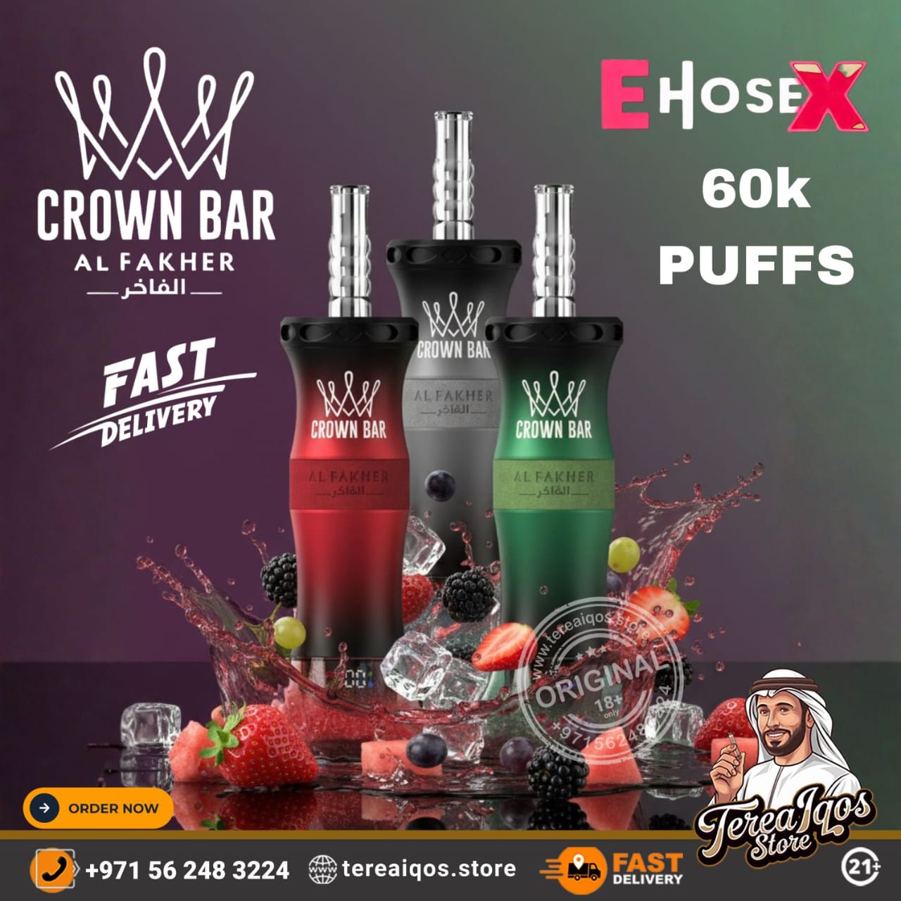 Crown Bar vape devices with fruit graphics and promotional text on a dark background