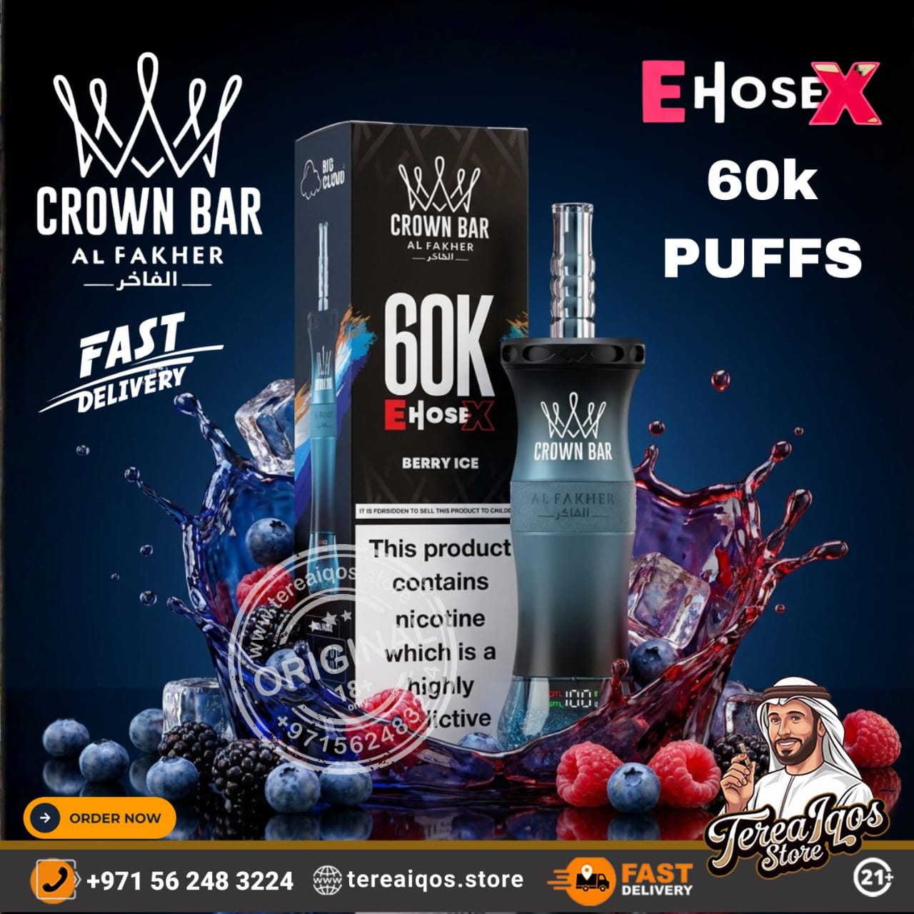 Crown Bar Al Fakher vape device with packaging and promotional text on a dark background