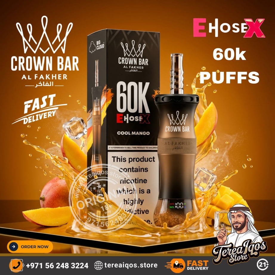 Crown Bar Al Fakher vape device and packaging with mango flavor on an orange background