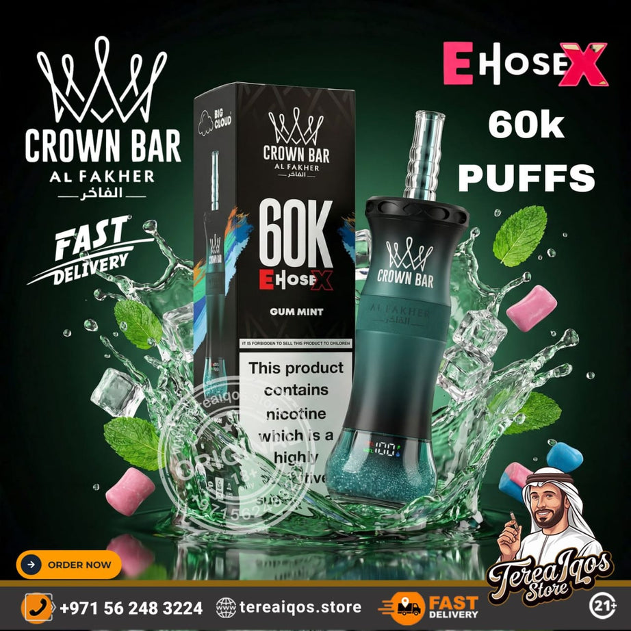 Crown Bar Al Fakher vape device with packaging and promotional text on a green background
