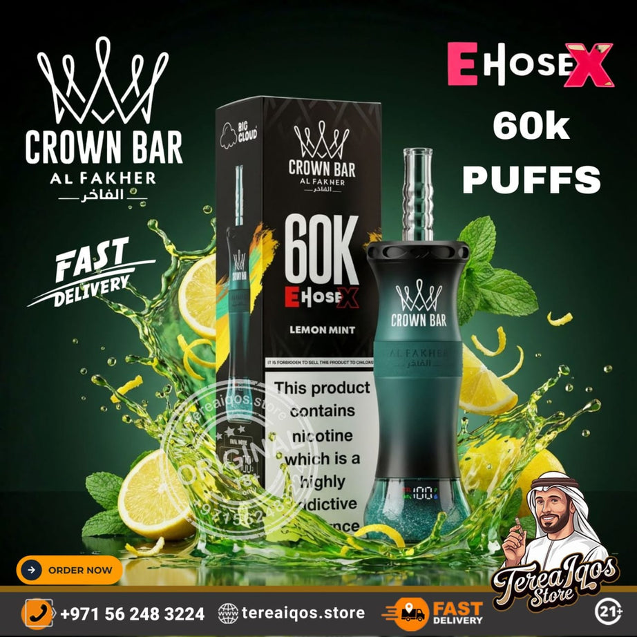Crown Bar Al Fakher vape device with lemon mint flavor packaging on a green background.