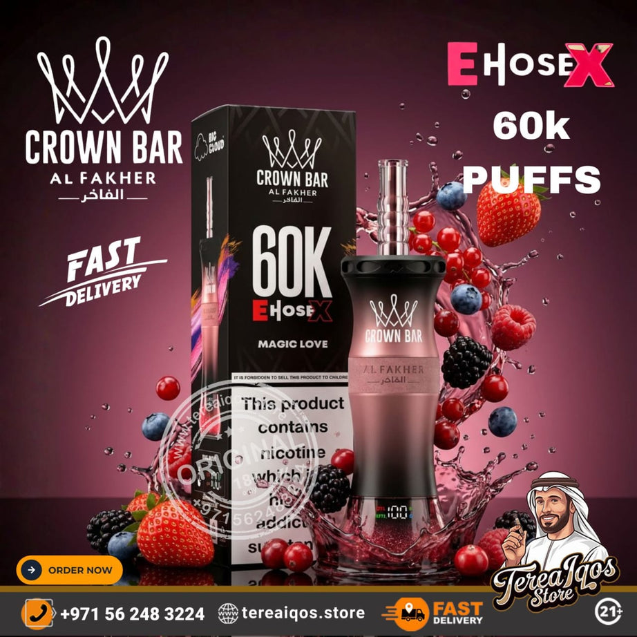 Crown Bar Al Fakher vape device with packaging and fruit graphics on a dark background