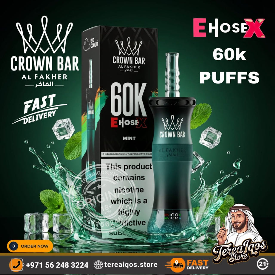E-Hose X vape device and packaging with mint leaves and ice cubes on a green background.