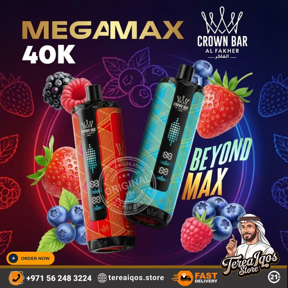 Vape devices with fruit graphics and branding on a dark background