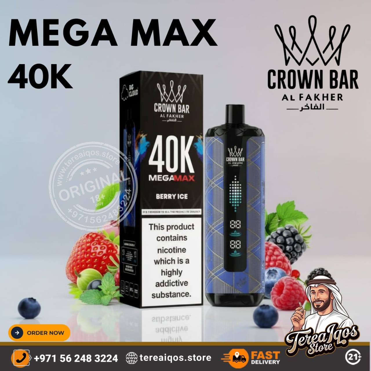 Crown Bar Mega Max 40K vape device and packaging with berries on a light gray background
