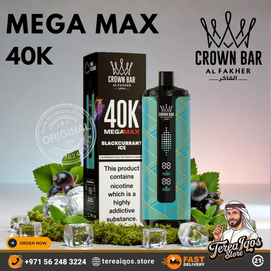 Crown Bar Al Fakher vape product with packaging and branding elements on a gradient background.