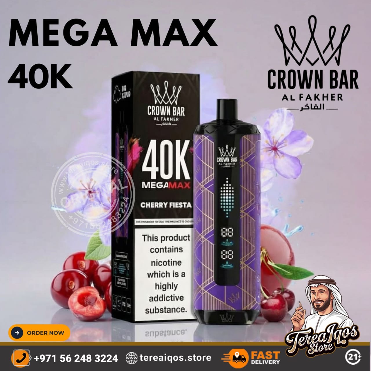 Crown Bar Al Fakher 40K Mega Max vape device and packaging with cherry and fruit graphics on a light gray background.
