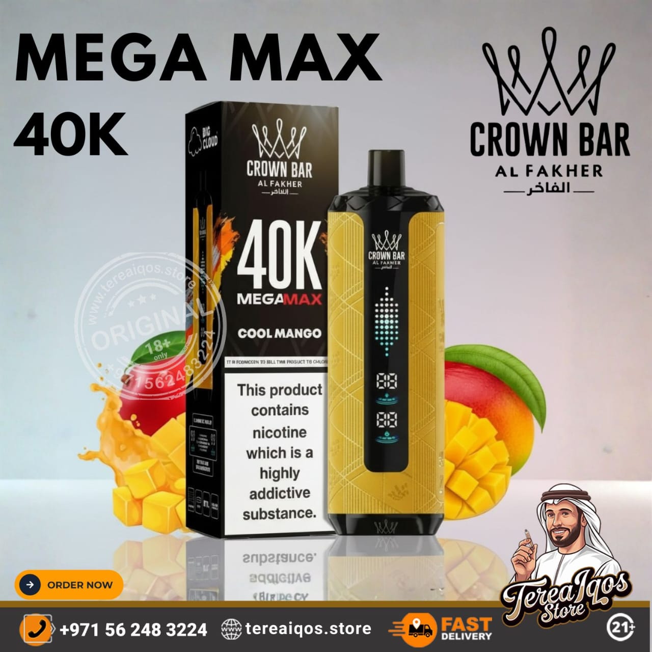 Crown Bar Mega Max 40K vape device and packaging with mango graphics on a light gray background.