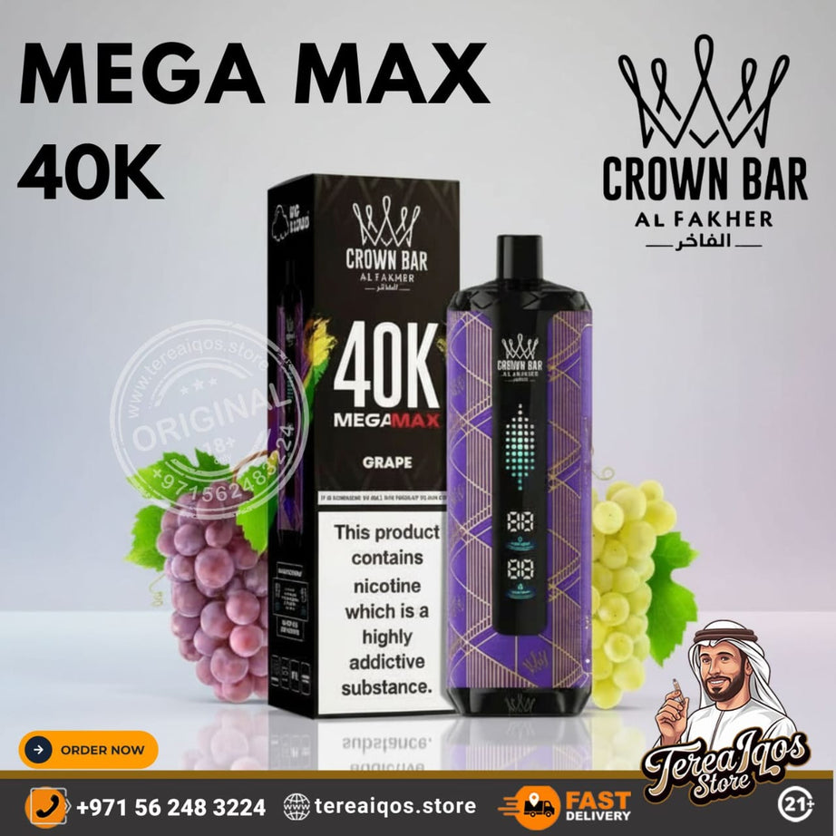 Crown Bar 40K Mega Max Grape vape product with packaging and branding on a light gray background.