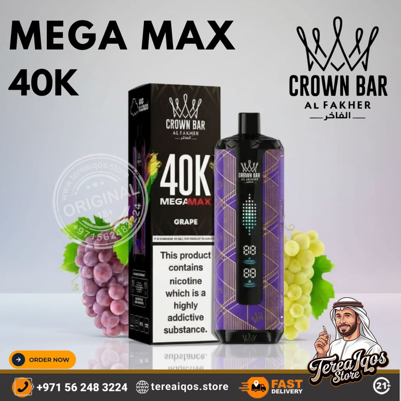 Crown Bar 40K Mega Max Grape vape product with packaging and branding on a light gray background.