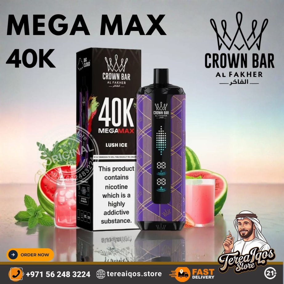 Crown Bar Al Fakher vape product with packaging and promotional text on a gradient background