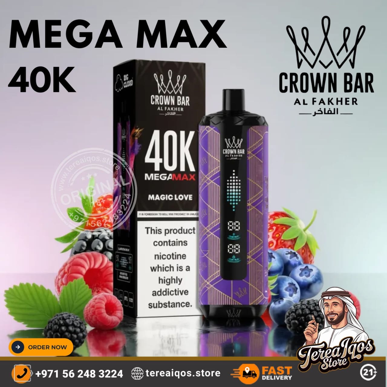 Crown Bar Mega Max 40K vape device and packaging with branding and product details on a light gray background.