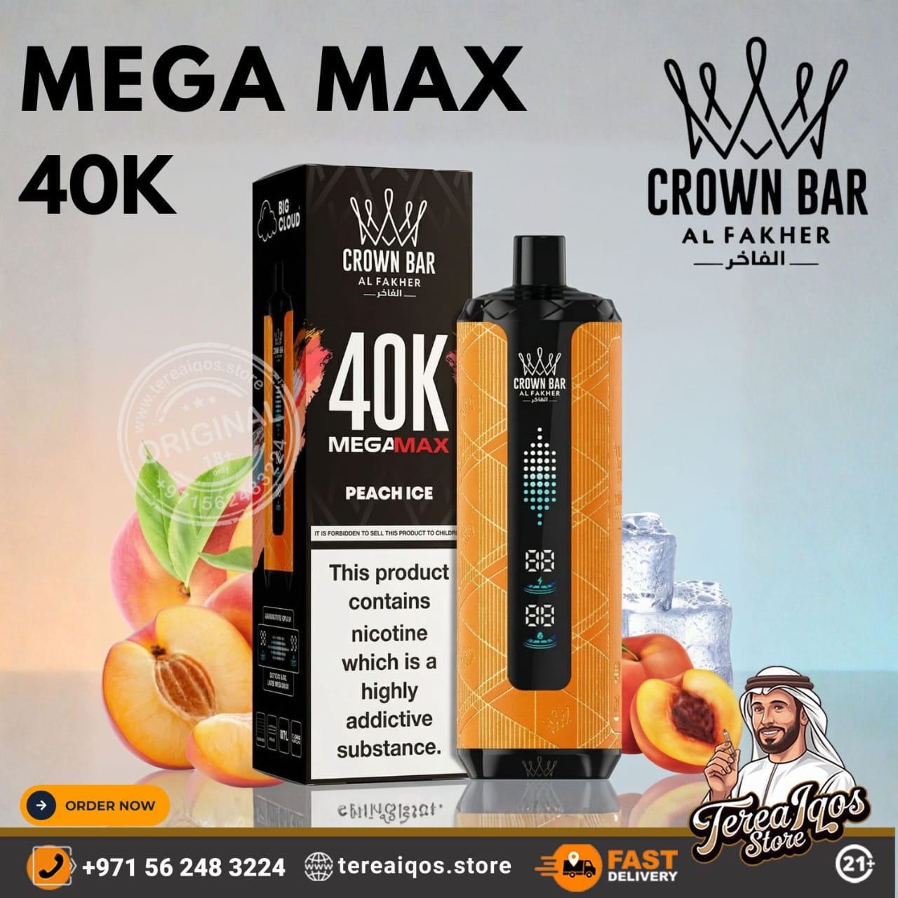 Crown Bar Mega Max 40K vape device and packaging with peach flavor on a gradient background.