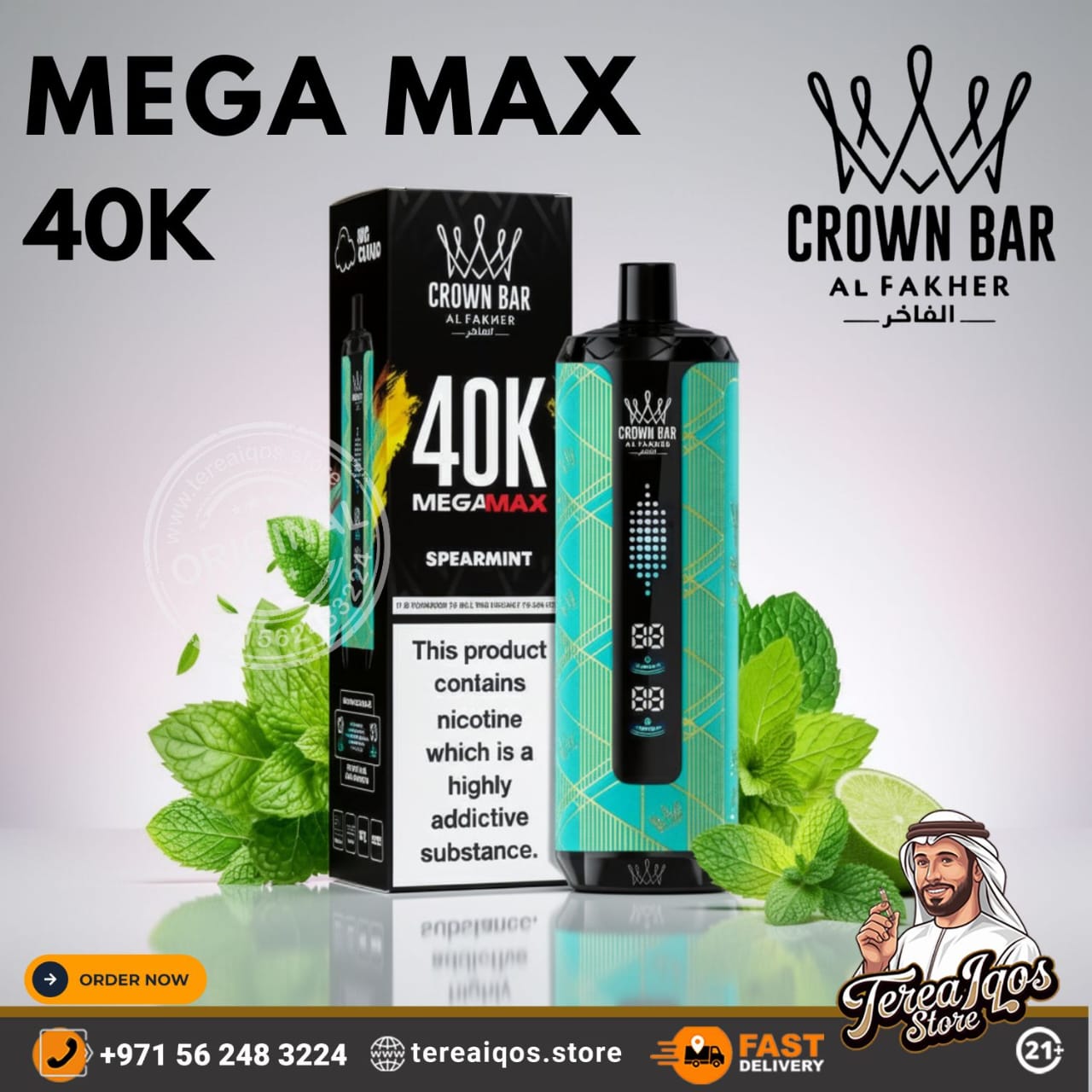 Crown Bar Mega Max 40K vape device and packaging with mint leaves on a light gray background.