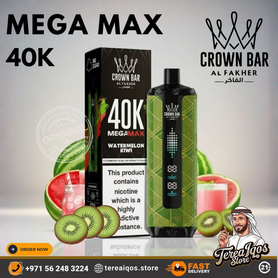 Crown Bar Mega Max 40K vape product with packaging and promotional elements on a light gray background.