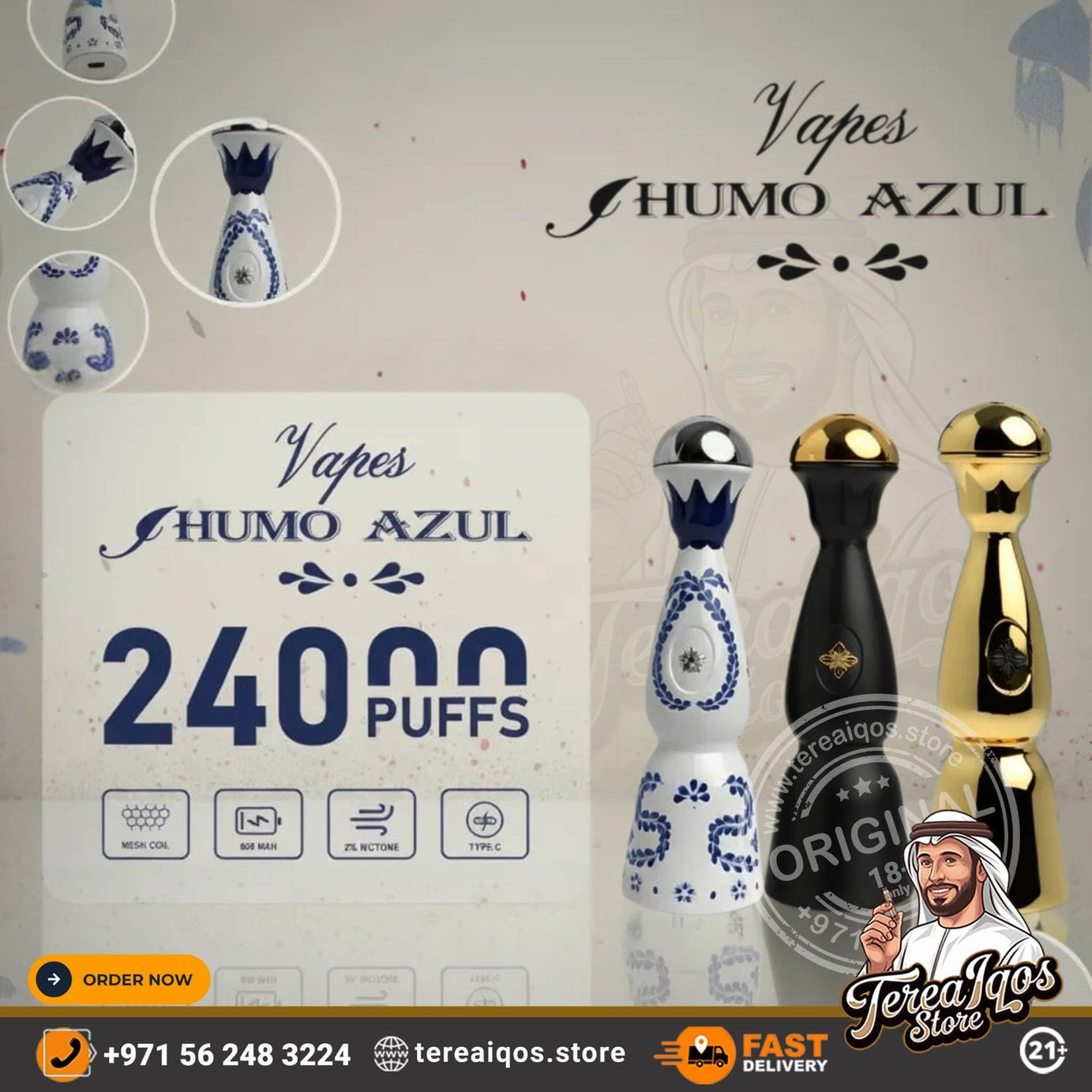 Vapes Humo Azul with packaging and branding on a light gray background