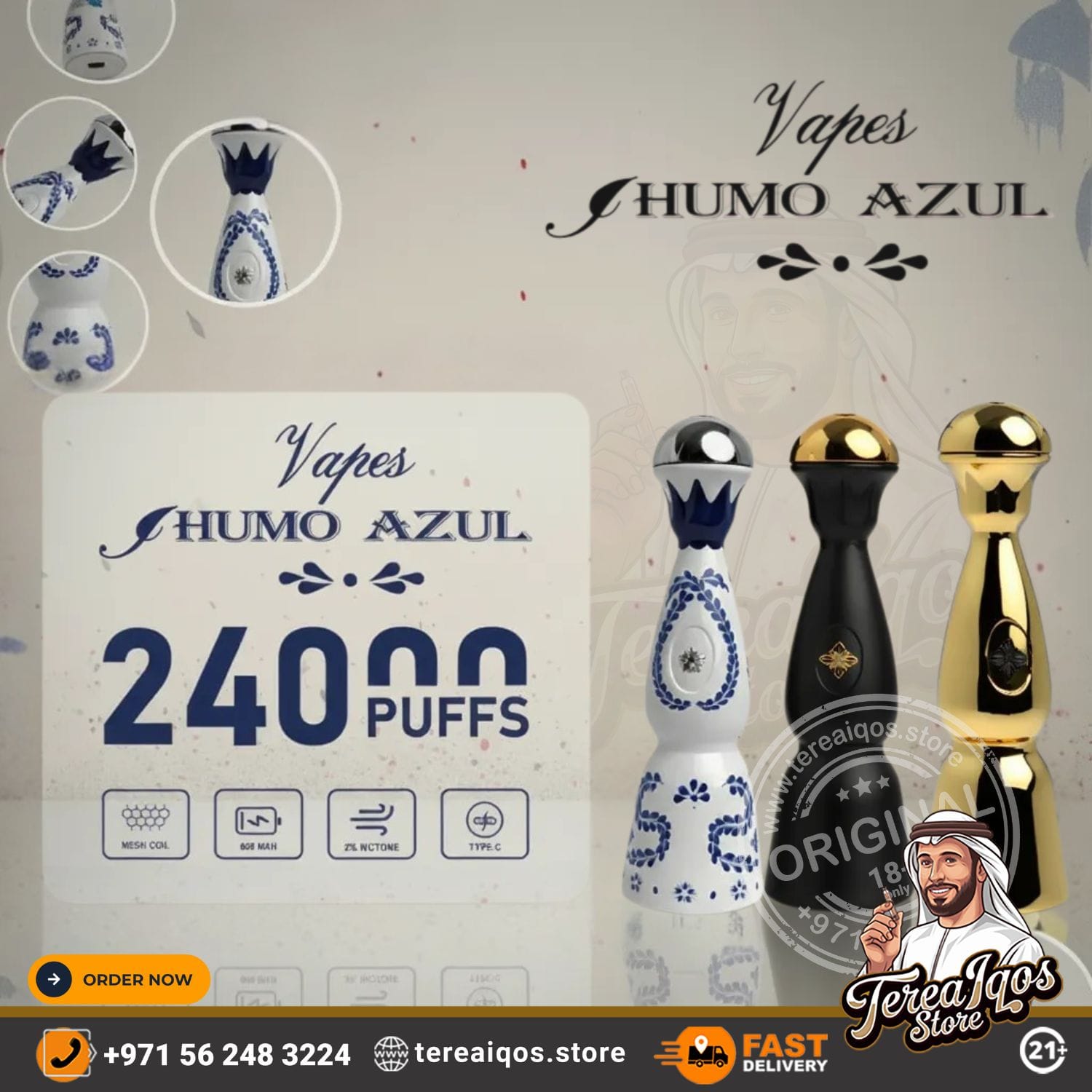 Vapes Humo Azul with packaging and branding on a light gray background