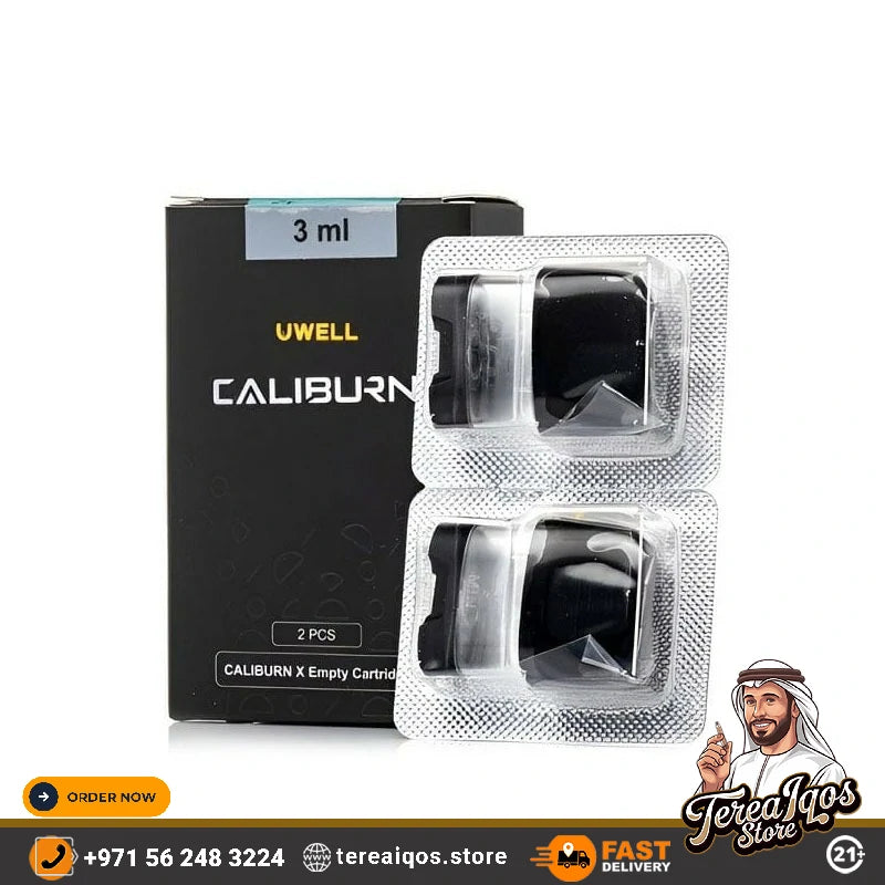 UWELL Caliburn X empty cartridges packaging with branding and contact information.