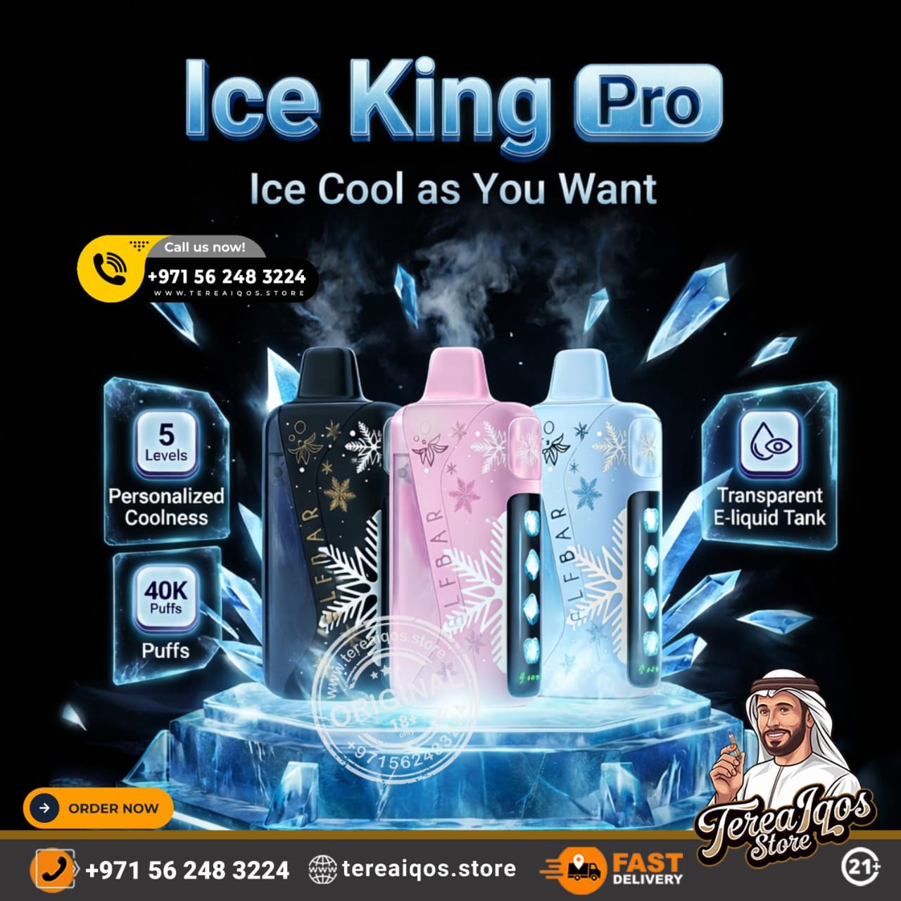 Advertisement for Ice King Pro vape device with product display and branding elements.