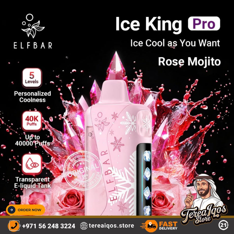 Elfbar Ice King Pro Rose Mojito vape device with colorful liquid effects on a black background.