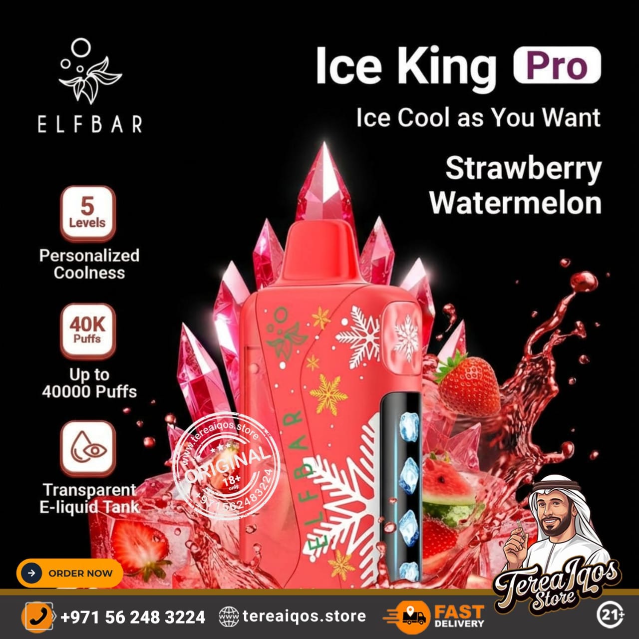 Red vape device with strawberry watermelon flavor branding on a dark background