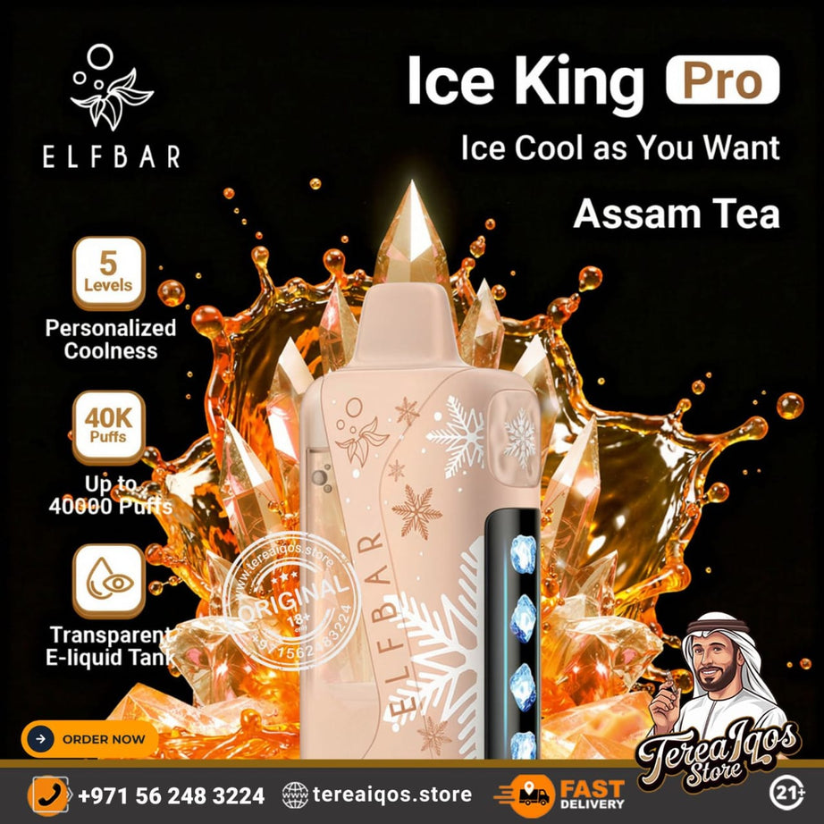 Elfbar Ice King Pro vape device with Assam Tea flavor on a black background