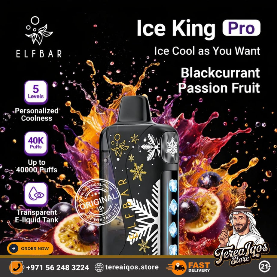 Elf Bar Ice King Pro vape device with colorful splashes and branding elements on a black background