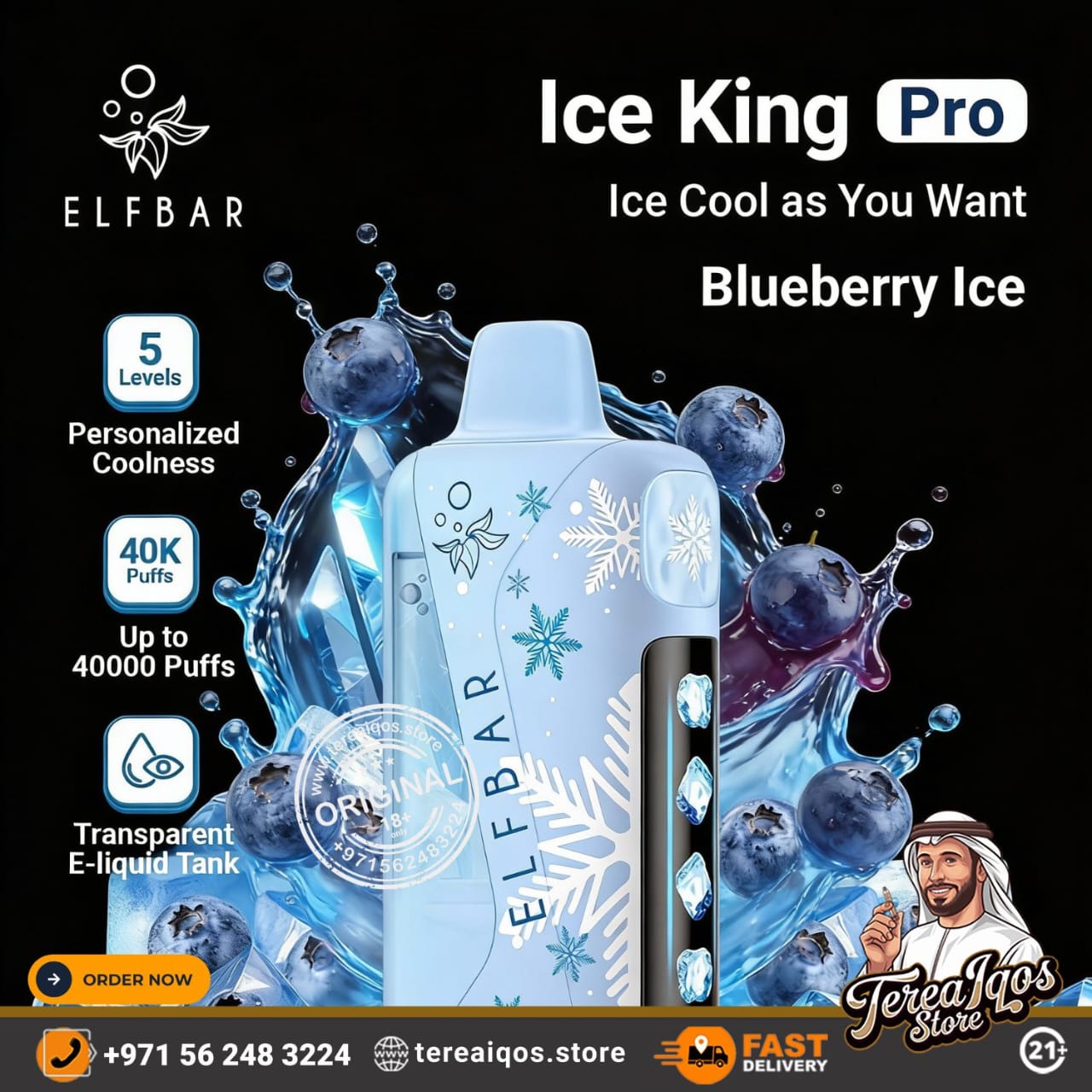 Elfbar Ice King Pro Blueberry Ice vape device with promotional text and branding on a black background.