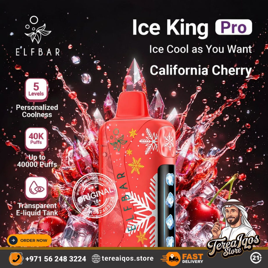 Red vape device with ice-themed graphics and text on a dark background