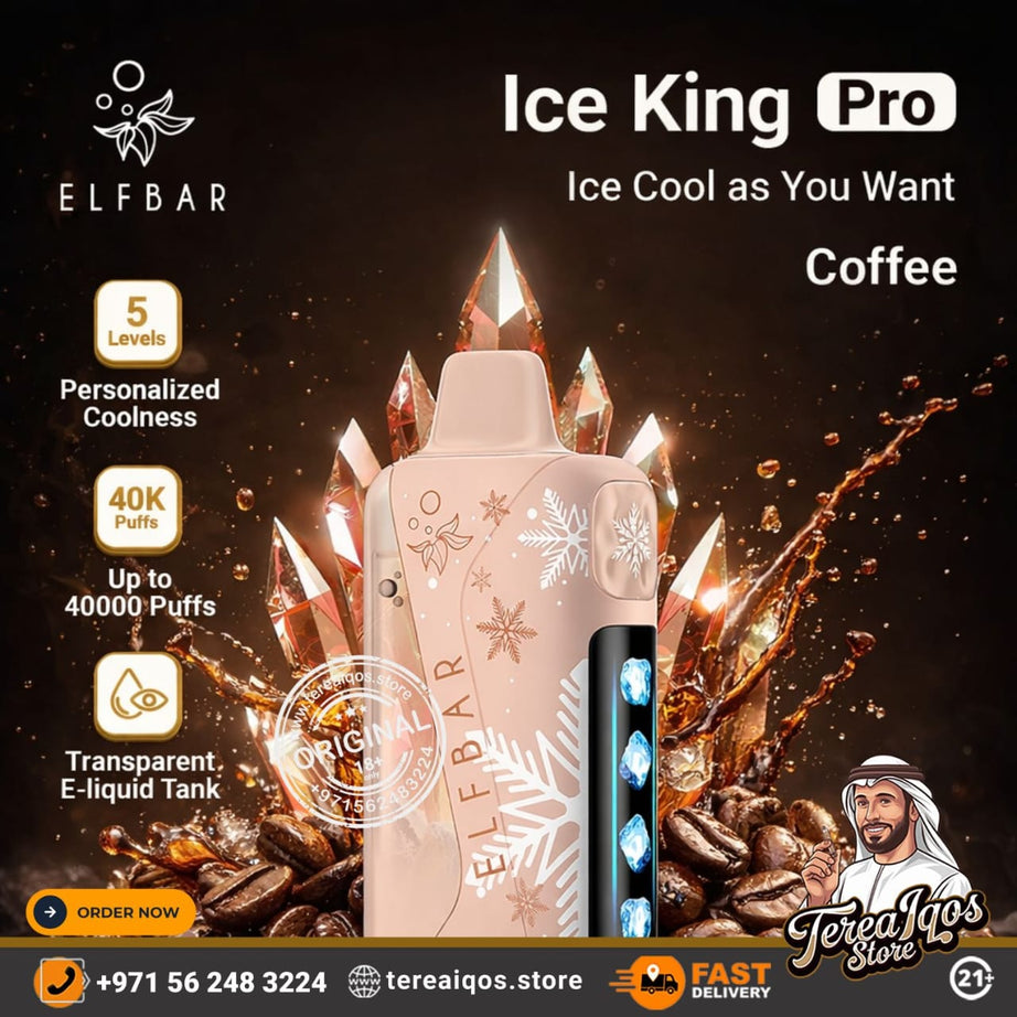 Elfbar Ice King Pro coffee-themed vape device with promotional text and branding.