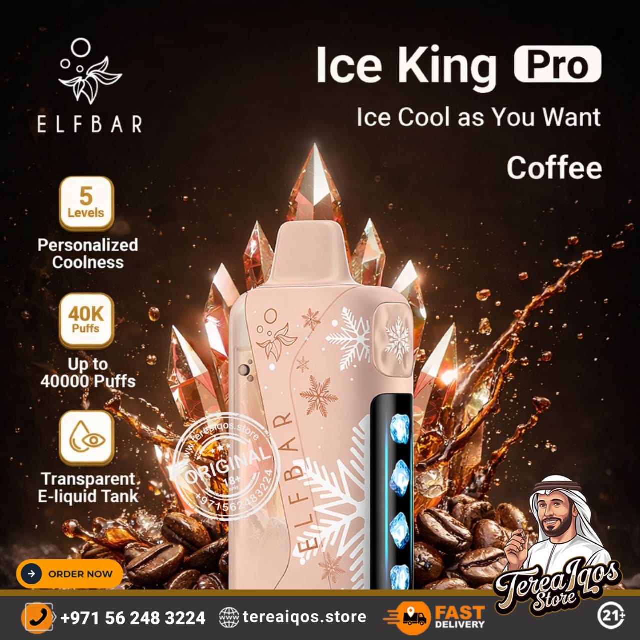 Elfbar Ice King Pro coffee-themed vape device with promotional text and branding.