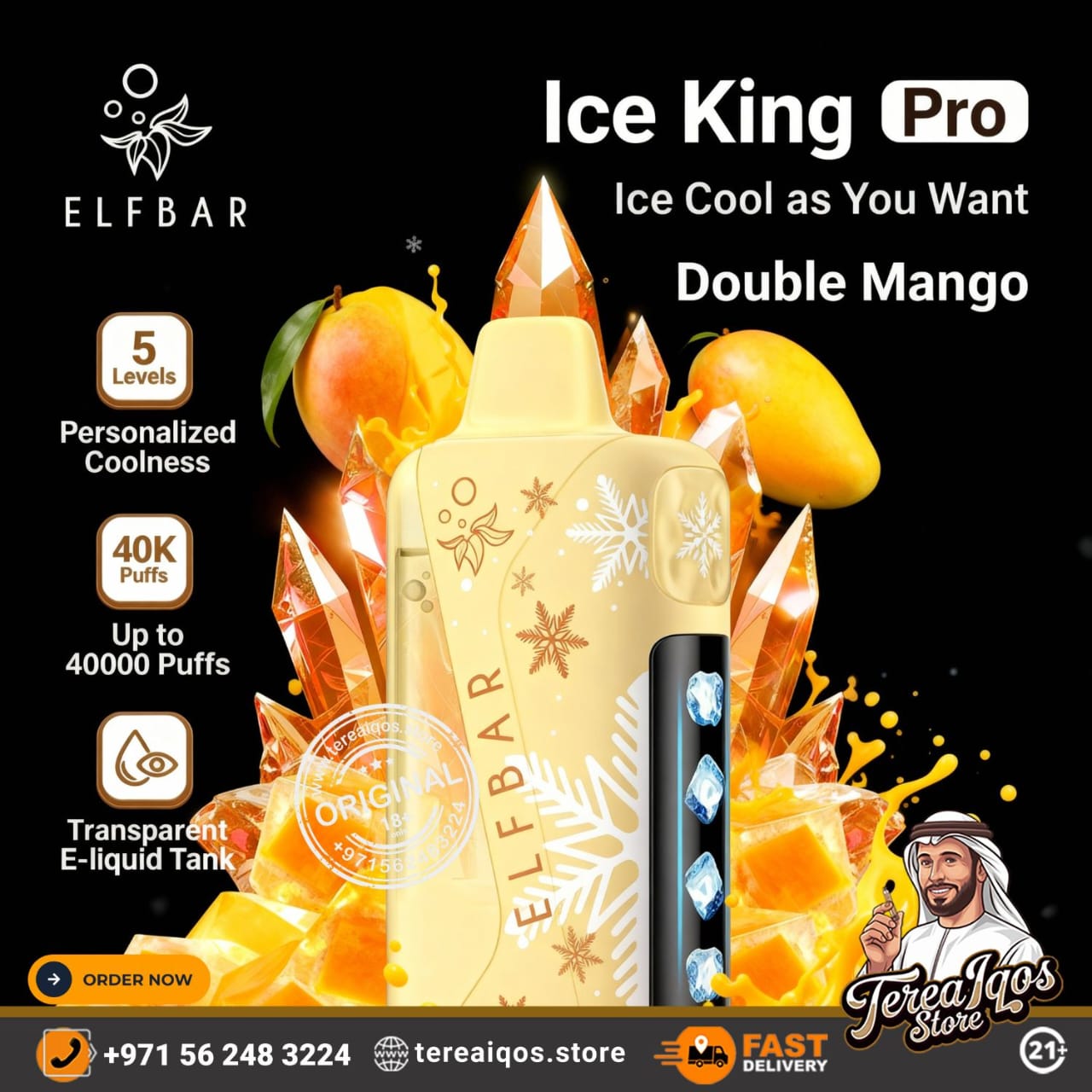 Elfbar Ice King Pro vape device with mango flavor on a black background