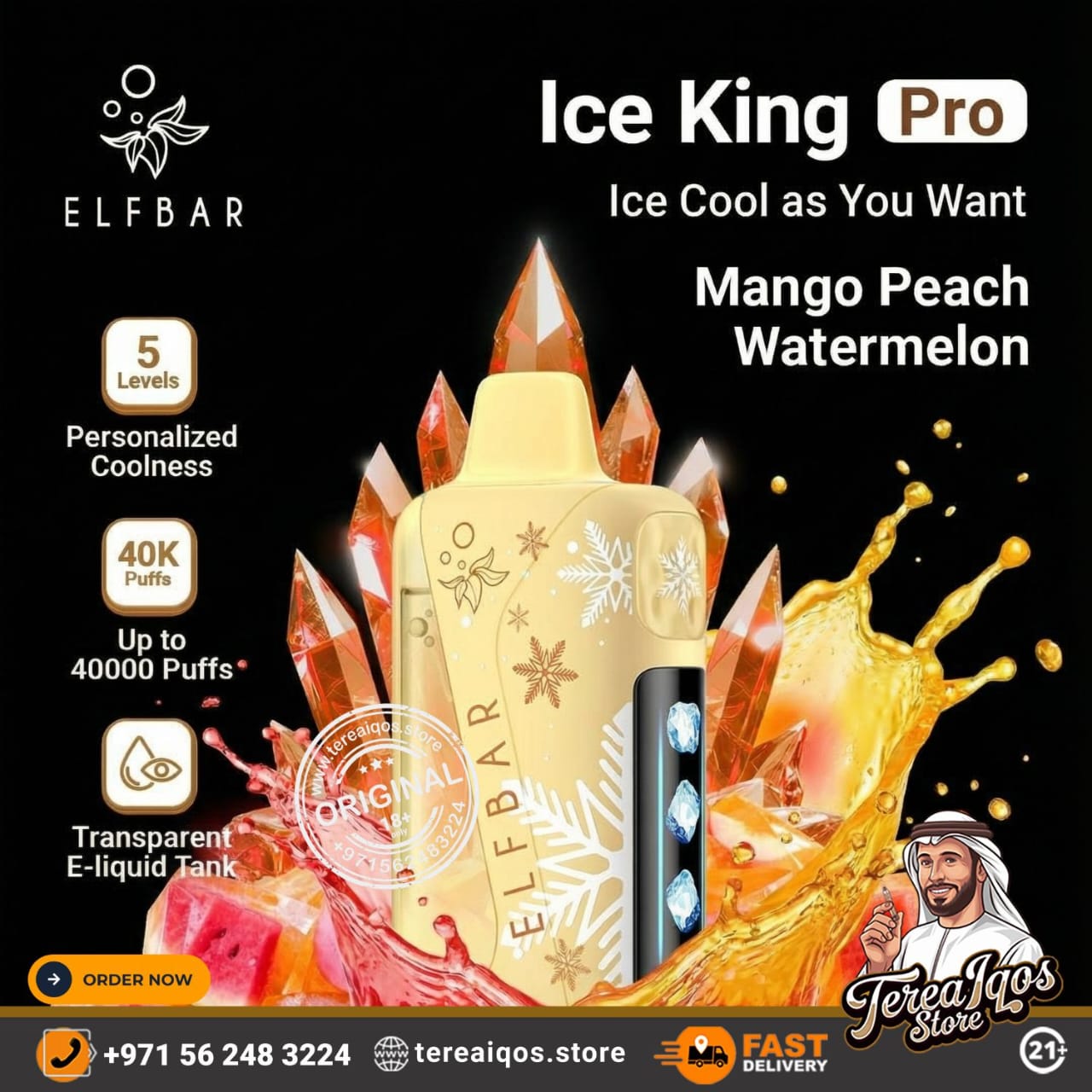 Elfbar Ice King Pro vape device with mango peach watermelon flavor on a black background