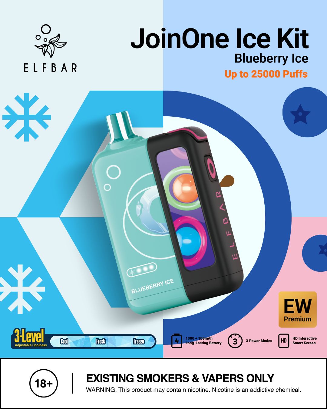 Elf Bar JoinOne Ice Kit packaging with blueberry ice flavor on a colorful geometric background.