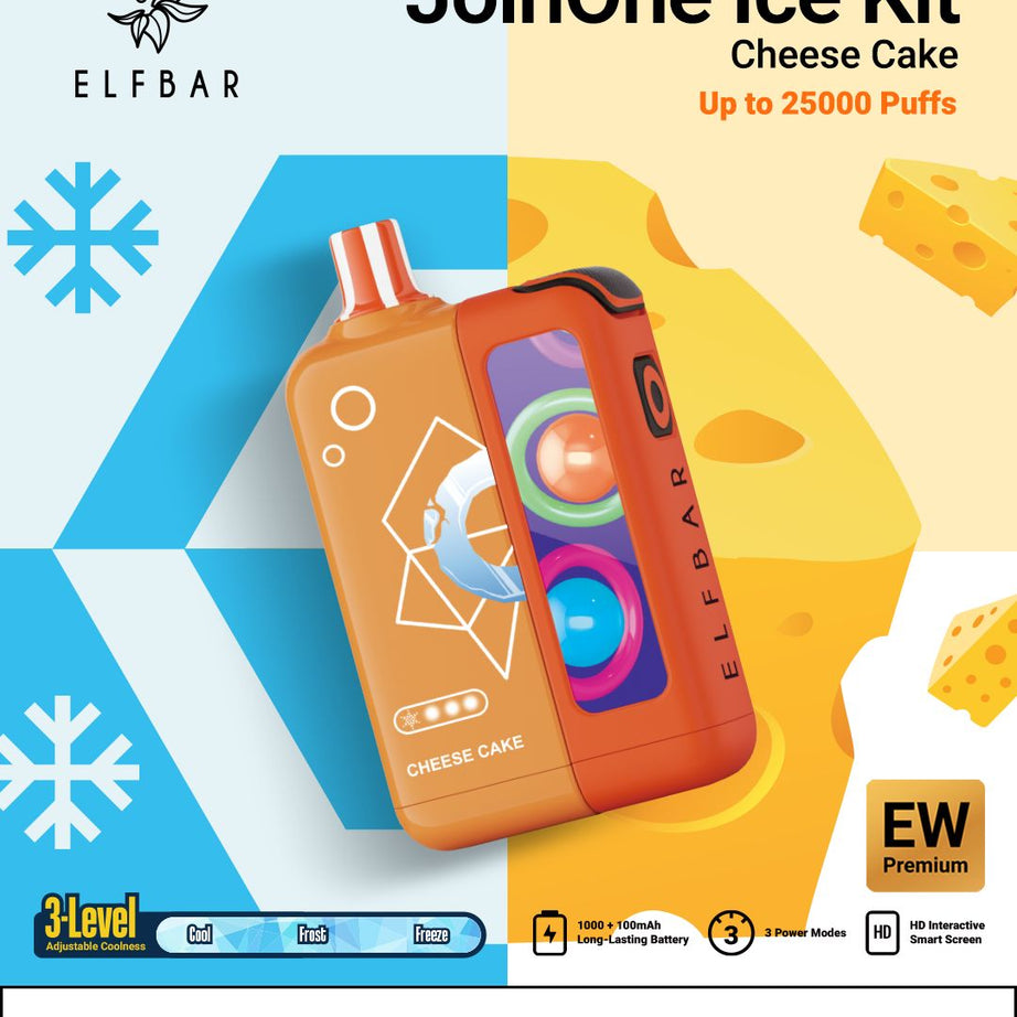 Elf Bar JoinOne Ice Kit Cheese Cake packaging with colorful design and text on a blue and yellow background.