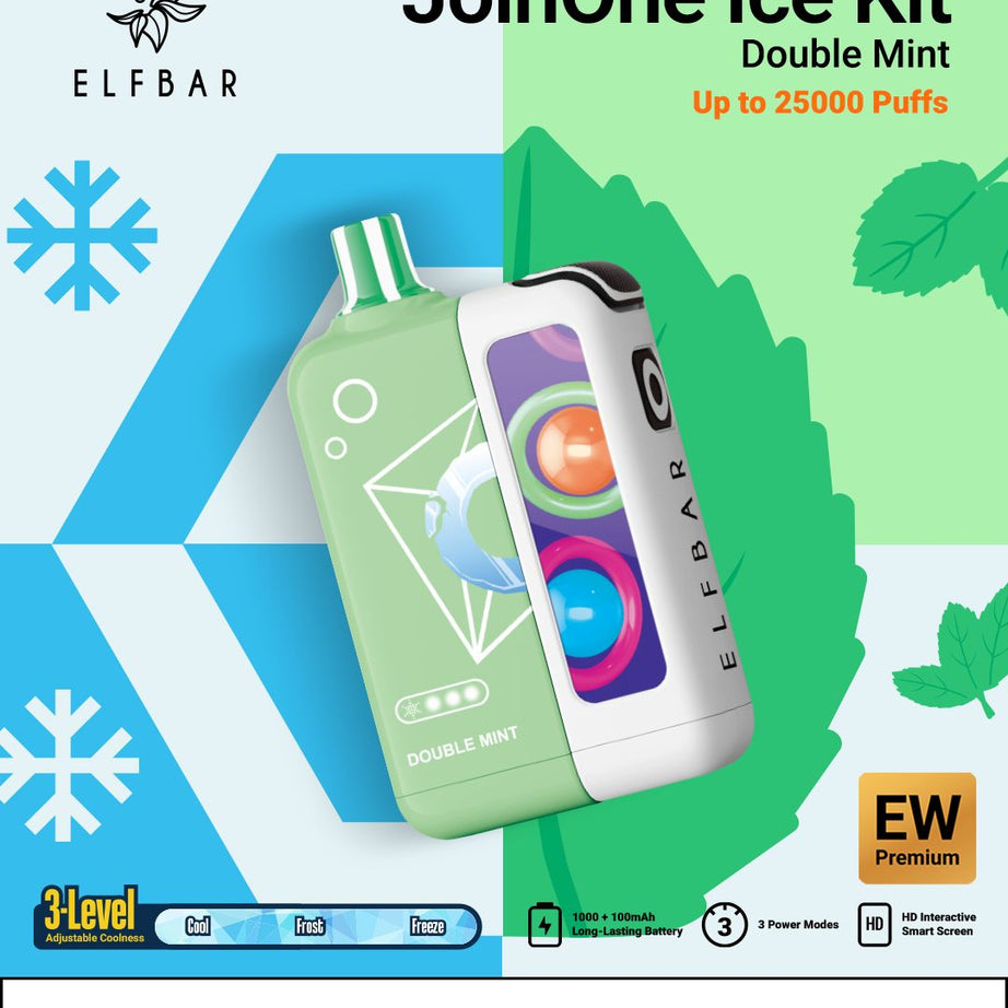 Elf Bar JoinOne Ice Kit packaging with green and white bottles on a colorful geometric background.
