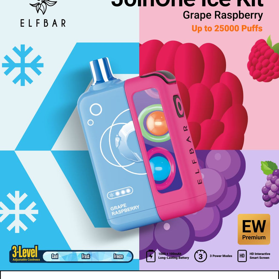Elf Bar JoinOne Ice Kit packaging for grape raspberry flavor with product images and branding.