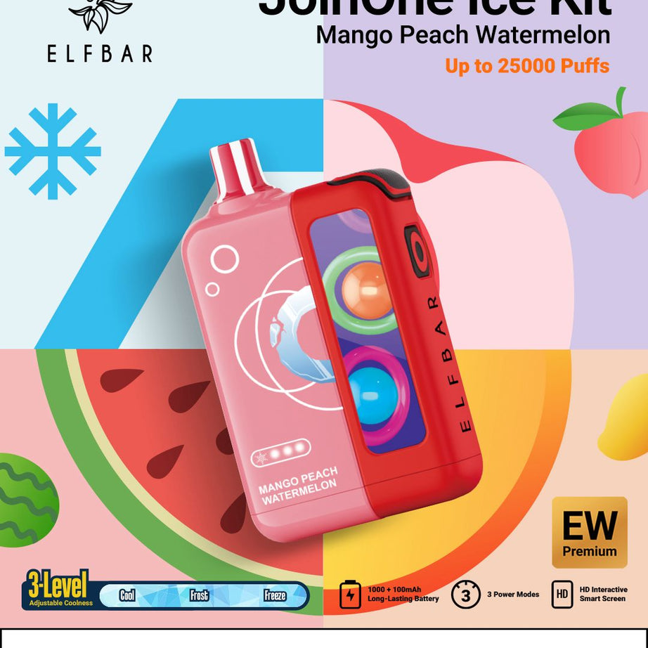 Elf Bar Ice Kit packaging for Mango Peach Watermelon flavor with colorful design and product images.