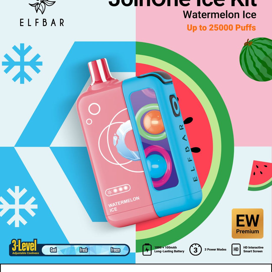 Elf Bar JoinOne Ice Kit packaging with watermelon flavor on a colorful geometric background.