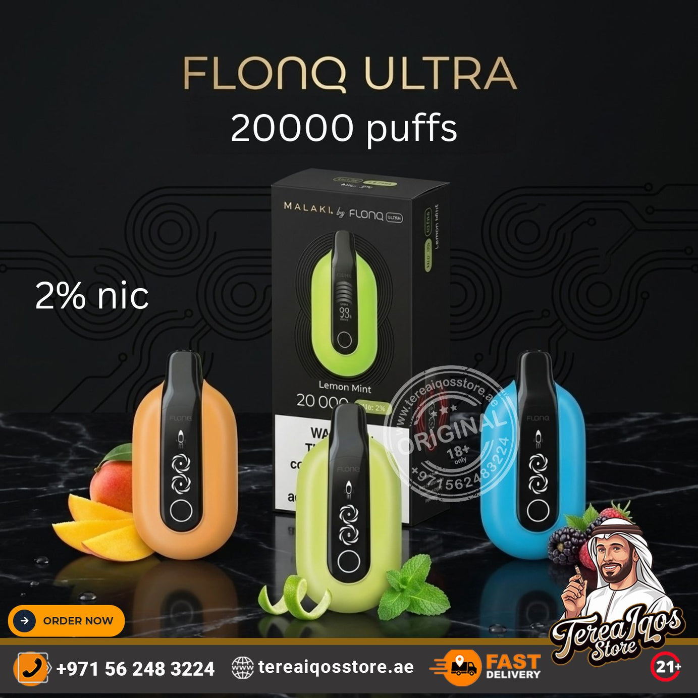 FLONQ Ultra vape device with packaging and promotional elements on a dark background