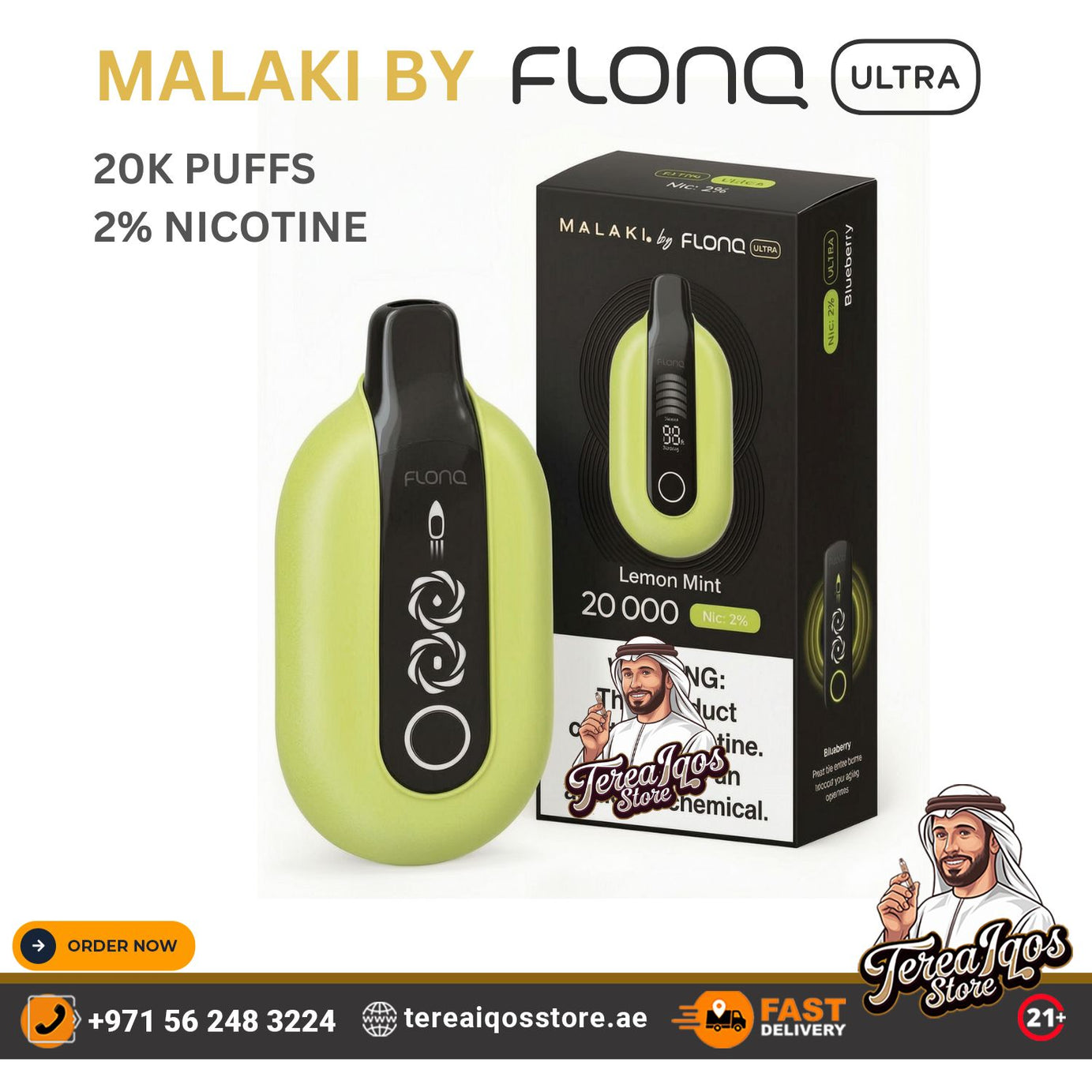 Vape device and packaging with 'Malaki by Flone' branding on a white background.